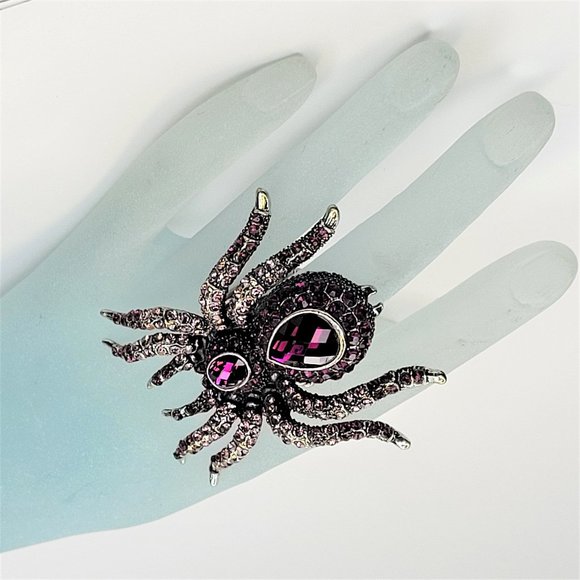 Spider Tarantula Pink Crystals Stretch Band Large Spider Charm Ring - Picture 3 of 12